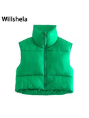 Willshela Women Fashion High Neck Cropped Waistcoat Puff Vest Casual Woman Sleeveless Jacket Chic Lady Winter Warm Outfits