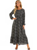 Women Elegant Floral Printed Long Dresses Spring Summer Casual O Neck Long Sleeve Ladies Chic High Waist A Line Beach Dresses