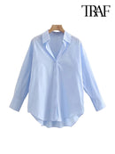 TRAF Women Fashion Loose Asymmetry Poplin Blouses Vintage Long Sleeve Button-up Female Shirts Blusas Chic Tops
