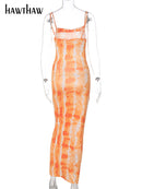Hawthaw Women Summer Party Sleeveless Slim Printed Bodycon Beach Long Dress 2021 Female Clothing Streetwear Wholesale Items