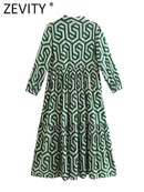 ZEVITY New Women Vintage Geometric Print Pleats Casual Slim Midi Shirt Dress Female Chic Pleats Ruffles A Line Vestido DS395