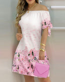 Women Off Shoulder Mini Dress Summer Sexy Short Sleeve Bow Tie Striped Floral Print Dresses Fashion Casual Loose Dress Vestidos