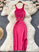 SINGREINY Summer Knit Sexy Strap Dress Women Hollow Out Elatic Waist Bodycon Sundress Female Beach Split Backless Long Dress