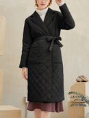 Simplee Long straight winter coat with rhombus pattern Casual sashes women parkas Deep pockets tailored collar stylish outerwear