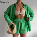 Sampic Loung Wear Tracksuit Women Shorts Set Stripe Long Sleeve Shirt Tops And Waist Loose High Mini Shorts Two Piece Sets 2021