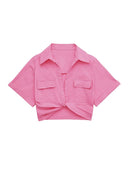 TRAF Women Fashion Front Knot Elastic Linen Cropped Shirts Vintage Short Sleeve Patch Pockets Female Blouses Blusa Chic Tops