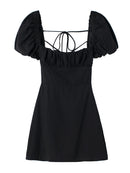 XNWMNZ women white fashion linen blend dress female square neck short puff sleeves backless crossover straps dress for women's