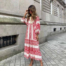 Summer Puff Sleeve Long Dress Women Geometric Print Splicing Half Sleeve Dress Elegant V-Neck Loose Holiday Beach Dress Vestidos