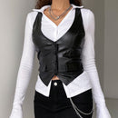 Xingqing y2k PU Leather Vest Vintage Aesthetic Women V Neck Sleeveless Button Tank Tops 2000s Dark Academia Tshirt Waistcoat