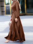Women's Muslim Party Solid Satin Maxi Dress 2022 Spring Chic Elegant Puff Sleeve Robe Casual Holiday Swing Kaftan OL Dubai Abaya