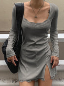 Darlingaga Square Neck Lace Patchwork Bodycon Black Dress Women Elegant Cotton Fashion Side Split Autumn Dress Mini Ladies Basic