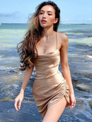 Dulzura Satin Women Strap Mini Dress Ruched Lace Up Cross Bandage Backless Bodycon Sexy Party Elegant 2020 Club Christmas Slim