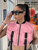 Women Sleeveless Pockets Buckle Zipper Sexy Cropped Jackets Vest Top 2022 Spring Fall Harajuku Party Safari Waistcoat Streetwear