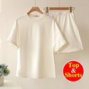 Summer Cotton Tracksuit Women Spring Loose Two Piece Sets Casual Long Sleeve Sweatshirt & Elastic Waist Shorts Female Outfits
