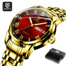 QINGXIYA Top Brand Luxury Gold Red Quartz Watch Men Stainless Steel Luminous Waterproof Watches Week Calendar Business Watch Men