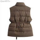 New Fashion Autumn Stand Collar Elegant Coats Warm Outerwear Casual Belt Sleeveless Winter Women Vests Jackets