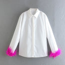 Green Feathers on the Cuffs Womens Blouses Long Sleeves Women&