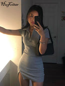 Hugcitar 2021 Short Sleeve Slit Sexy Mini Dress Summer Women Fashion Streetwear Outfits Cute Solid Y2K Party Clothing