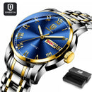 QINGXIYA Top Brand Luxury Gold Red Quartz Watch Men Stainless Steel Luminous Waterproof Watches Week Calendar Business Watch Men