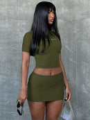 Hugcitar Letter Print Solid Turtleneck Short Sleeves Crop Top Skirts 2 Pcs Set Sexy Slim Summer Fashion Outfit Streetwear Sports