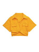TRAF Women Fashion Front Knot Elastic Linen Cropped Shirts Vintage Short Sleeve Patch Pockets Female Blouses Blusa Chic Tops
