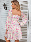 NewAsia Floral Dress Women Lantern Long Sleeve Ruched Print A Line Square Neck Tie up Mini Vestidos Sexy Chic Summer Beach Dress