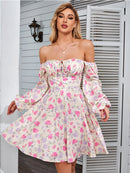 NewAsia Floral Dress Women Lantern Long Sleeve Ruched Print A Line Square Neck Tie up Mini Vestidos Sexy Chic Summer Beach Dress