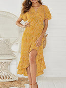 Summer Beach Maxi Dress Women Floral Print Boho Long Chiffon Dress Ruffles Wrap Casual V-Neck Split Sexy Party Dress Robe
