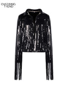 Women's Tassel Sequin Jacket 2022 Autumn Winter Streewear Rock BF Retro Long-sleeved Silver Reflective Jacket Women Outwear Tops