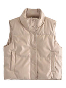 Womens Puffy Vest Down Vest Black Pu Leather Vest Woman Jacket Coat Autumn Winter Outwear Puffer Vest Female Sleeveless Jacket