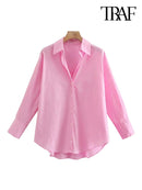 TRAF Women Fashion Loose Asymmetry Poplin Blouses Vintage Long Sleeve Button-up Female Shirts Blusas Chic Tops