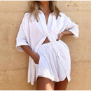Women Casual Tracksuit Shorts Set Summer Long Sleeve Shirt Tops And Mini Drawstring Shorts Suit Lounge Wear Two Piece Set