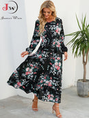 Women Elegant Floral Printed Long Dresses Spring Summer Casual O Neck Long Sleeve Ladies Chic High Waist A Line Beach Dresses