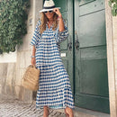 Summer Puff Sleeve Long Dress Women Geometric Print Splicing Half Sleeve Dress Elegant V-Neck Loose Holiday Beach Dress Vestidos