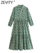 ZEVITY New Women Vintage Geometric Print Pleats Casual Slim Midi Shirt Dress Female Chic Pleats Ruffles A Line Vestido DS395