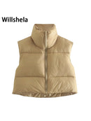 Willshela Women Fashion High Neck Cropped Waistcoat Puff Vest Casual Woman Sleeveless Jacket Chic Lady Winter Warm Outfits