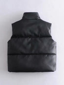 Womens Puffy Vest Down Vest Black Pu Leather Vest Woman Jacket Coat Autumn Winter Outwear Puffer Vest Female Sleeveless Jacket