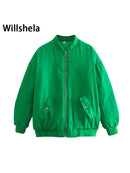 Willshela Women Fashion Oversized Bomber Jackets Coat With Pockets Front Zipper Vintage O-Neck Long Sleeves Female Chic Outwears