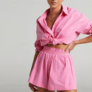 Women Casual Tracksuit Shorts Set Summer Long Sleeve Shirt Tops And Mini Drawstring Shorts Suit Lounge Wear Two Piece Set