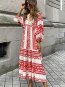 Boho Maxi Dress Women Floral Print Summer Holiday Beach Dress Female Short Puff Sleeve Loose Sundress Green Vestidos Mujer