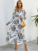 Women Elegant Floral Printed Long Dresses Spring Summer Casual O Neck Long Sleeve Ladies Chic High Waist A Line Beach Dresses