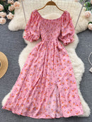 YuooMuoo Limited Big Sale Women Dress Fashion Romantic Floral Print Split Long Summer Dress Puff Sleeve Party Korean Vestidos