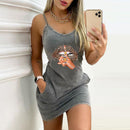 Sexy Straps Dress Women Summer Fashion Letter Print Pocket O Neck Sleeveless Party Dress Casual Slim Backless Ladies Mini Dress