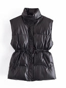 TRAF Women 2021 Fashion Leather Cotton Pocket Padded Waistcoat Vintage Sleeveless Female Outerwear Streetwear
