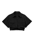 TRAF Women Fashion Front Knot Elastic Linen Cropped Shirts Vintage Short Sleeve Patch Pockets Female Blouses Blusa Chic Tops