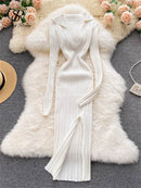 SINGREINY Women Korean Knitted Dress Long Sleeve V Neck Elastic Slim Pencil Dresses 2021 Autumn Sexy Bodycon Split Sweater Dress