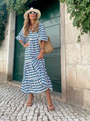 Boho Maxi Dress Women Floral Print Summer Holiday Beach Dress Female Short Puff Sleeve Loose Sundress Green Vestidos Mujer