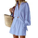 Cotton and Linen suit 2021 Women Solid Clothes Set Half Sleeve Lapel Neck Button-up Shirt+Irregular Hem Drawstring Shorts Sets