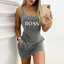 Sexy Straps Dress Women Summer Fashion Letter Print Pocket O Neck Sleeveless Party Dress Casual Slim Backless Ladies Mini Dress