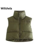 Willshela Women Fashion High Neck Cropped Waistcoat Puff Vest Casual Woman Sleeveless Jacket Chic Lady Winter Warm Outfits